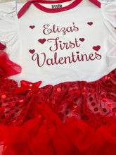 Load image into Gallery viewer, Personalised First Valentine's Day Red Glitter Design, Baby Girl Sequin Tutu Romper With Matching Bow Headband