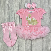 Load image into Gallery viewer, Baby Girl 1st Easter Pink Outfit Set, Gold Bunny - Little Secrets Clothing