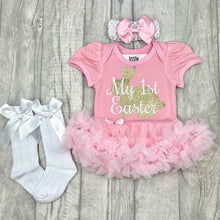 Load image into Gallery viewer, Baby Girl 1st Easter Pink Outfit Set, Gold Bunny - Little Secrets Clothing