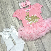 Load image into Gallery viewer, Baby Girl 1st Easter Pink Outfit Set, Gold Bunny - Little Secrets Clothing
