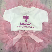 Load image into Gallery viewer, Personalised Barbie Birthday Outfit Set, White T-Shirt & Boutique Tutu Skirt