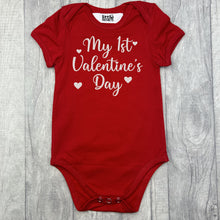Load image into Gallery viewer, Babies short sleeve red romper bodysuit featuring white glitter love hearts design and lettering saying My 1st Valentine's Day