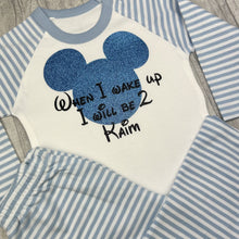 Load image into Gallery viewer, Personalised When I Wake Up I Will Be Mickey Mouse Blue And White Stripe Birthday Boy Pyjamas, Disney