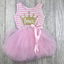 Load image into Gallery viewer, 4th Birthday Girls Sleeveless Summer Party Dress Gold Crown with Number 4 Inside