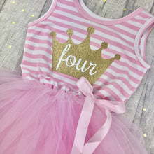 Load image into Gallery viewer, 4th Birthday Girls Sleeveless Summer Party Dress Gold Crown with Number 4 Inside