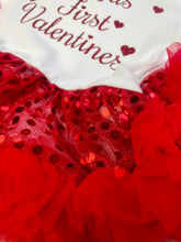 Load image into Gallery viewer, Personalised First Valentine's Day Red Glitter Design, Baby Girl Sequin Tutu Romper With Matching Bow Headband