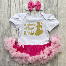 Load image into Gallery viewer, Baby girls short sleeve white and pink tutu romper with bow headband above. The tutu romper features a gold glitter Princess Jasmine and stars design with lettering saying A Whole New World.