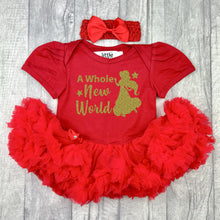 Load image into Gallery viewer, Baby girls short sleeve red tutu romper with bow headband above. The tutu romper features a gold glitter Princess Jasmine and stars design with lettering saying A Whole New World.