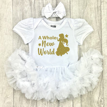 Load image into Gallery viewer, Baby girls short sleeve white tutu romper with bow headband above. The tutu romper features a gold glitter Princess Jasmine and stars design with lettering saying A Whole New World.