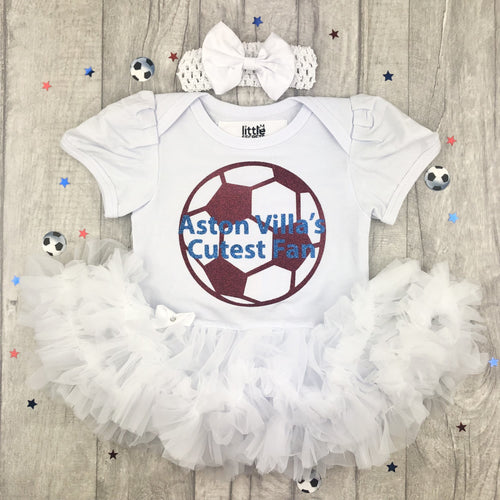 Aston Villa's Cutest Fan , The Villans The Lions. Baby girl White tutu dress with Maroon football design and Light Blue text. Including a matching white headband with bow clip.