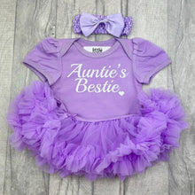 Load image into Gallery viewer, Baby girls short sleeve lilac tutu romper with bow headband above. The tutu romper features white lettering saying Auntie's Bestie