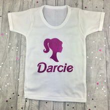 Load image into Gallery viewer, Girls Personalised Barbie Themed T-Shirt, Pink Glitter - Little Secrets Clothing