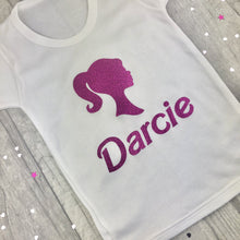 Load image into Gallery viewer, Girls Personalised Barbie Themed T-Shirt, Pink Glitter - Little Secrets Clothing