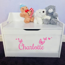 Load image into Gallery viewer, Personalised Butterfly White Wooden Toy Storage Box - Hot Pink Design