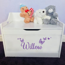 Load image into Gallery viewer, Personalised Butterfly White Wooden Toy Storage Box - Purple Design