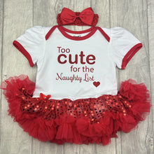 Load image into Gallery viewer, Baby Girls White with Red Sequin Tutu Romper and matching red bow headband above. The tutu romper features red glitter lettering saying Too Cute for the Naughty List.