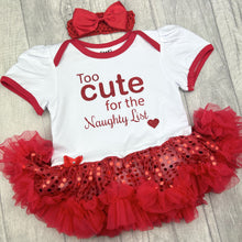 Load image into Gallery viewer, Baby Girls Christmas Sequin Outfit, Too Cute For The Naughty List Tutu Romper With Headband