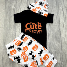 Load image into Gallery viewer, Baby Boy Halloween Outfit, I'm So Cute It's Scary Romper, Pumpkin Print Pants and Hat