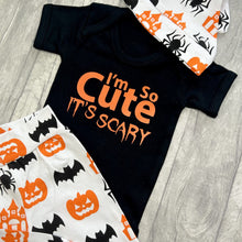Load image into Gallery viewer, Baby Boy Halloween Outfit, I'm So Cute It's Scary Romper, Pumpkin Print Pants and Hat