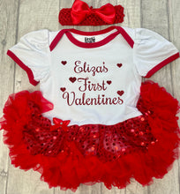 Load image into Gallery viewer, Personalised First Valentine's Day Red Glitter Design, Baby Girl Sequin Tutu Romper With Matching Bow Headband