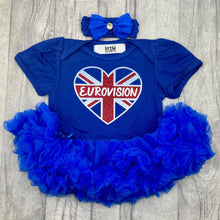 Load image into Gallery viewer, Baby girls royal blue short sleeve tutu romper with bow headband above. The tutu romper features a union jack love heart design with Eurovision text in the middle.
