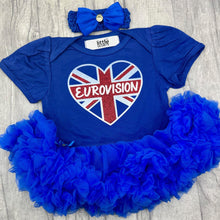Load image into Gallery viewer, Baby girls royal blue short sleeve tutu romper with bow headband above. The tutu romper features a union jack love heart design with Eurovision text in the middle.