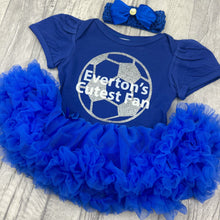 Load image into Gallery viewer, Baby girls short sleeve royal blue tutu romper with bow headband above. The tutu romper features a silver glitter football design and white lettering central over the top saying Everton's Cutest Fan.