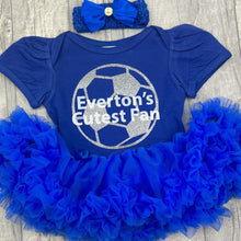 Load image into Gallery viewer, Baby girls short sleeve royal blue tutu romper with bow headband above. The tutu romper features a silver glitter football design and white lettering central over the top saying Everton's Cutest Fan.