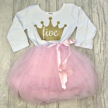 Load image into Gallery viewer, Girls White Long Sleeve Pink Tutu Dress with Pink Bow Detail. The dress features a Gold Glitter Princess Crown with White Glitter Script Lettering inside saying five