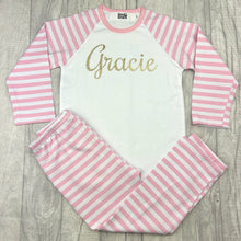 Load image into Gallery viewer, Personalised Pink and White Girls Pyjamas, Gold Glitter Text - Little Secrets Clothing