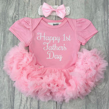 Load image into Gallery viewer, Baby girls short sleeve cotton soft light pink tutu romper with bow headband above. The tutu romper features white glitter script font lettering saying Happy 1st Father's Day. Perfect gift for Daddy.