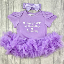 Load image into Gallery viewer, Happy 1st Mother's Day Mummy Baby Girl Tutu Romper With Headband, White Glitter Hearts Design