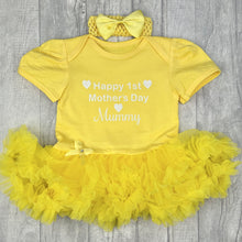 Load image into Gallery viewer, Happy 1st Mother's Day Mummy Baby Girl Tutu Romper With Headband, White Glitter Hearts Design