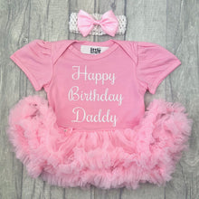 Load image into Gallery viewer, Happy Birthday Daddy Baby Girl Tutu Romper With Matching Bow Headband, White Glitter