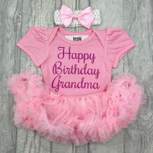 Load image into Gallery viewer, Happy Birthday Grandma Baby Girl Tutu Romper With Matching Bow Headband