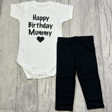 Load image into Gallery viewer, Short sleeve white romper with black leggings. The romper features black glitter love heart design with lettering above saying Happy Birthday Mummy.