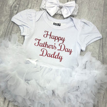 Load image into Gallery viewer, Baby girls short sleeve white tutu romper with bow headband above. The tutu romper features red glitter script text saying Happy Father's Day Daddy.
