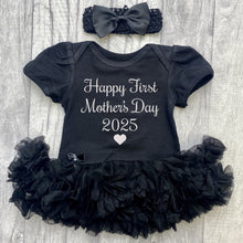 Load image into Gallery viewer, Happy First Mother's Day 2025 Baby Girl Black Tutu Romper With Headband