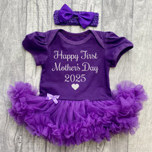Load image into Gallery viewer, Happy First Mother's Day 2025 Baby Girl Dark Purple Tutu Romper With Headband