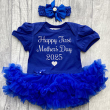 Load image into Gallery viewer, Happy First Mother's Day 2025 Baby Girl Royal Blue Tutu Romper With Headband