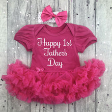 Load image into Gallery viewer, Happy 1st Father's Day Dark Pink Tutu Romper with White Glitter Text