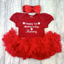 Load image into Gallery viewer, Happy 1st Mother's Day Mummy Baby Girl Tutu Romper With Headband, White Glitter Hearts Design