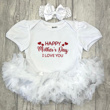 Load image into Gallery viewer, White baby outfit with 'Happy Mother's Day I Love You' text and white tutu on a wooden surface.