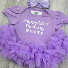 Load image into Gallery viewer, baby girls short sleeve light purple tutu romper with bow headband above. The tutu romper features white glitter lettering saying Happy 22nd Birthday Mummy