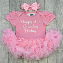 Load image into Gallery viewer, Baby Girls Light Pink Tutu Romper with Bow Headband above. The tutu romper features white glitter script lettering saying Happy 40th Birthday Daddy.