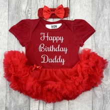 Load image into Gallery viewer, Happy Birthday Daddy Baby Girl Tutu Romper With Matching Bow Headband, White Glitter