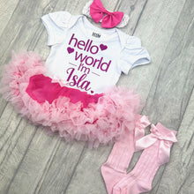 Load image into Gallery viewer, Pink Personalised Hello World Tutu Romper With Matching Bow Headband And Socks