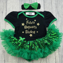 Load image into Gallery viewer, Baby girls black with green sequin tutu romper and matching bow headband above. The tutu romper features gold glitter stars and lettering saying Future Hogwarts Student.