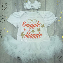 Load image into Gallery viewer, Harry Potter Baby Outfit, Snuggle This Muggle Baby Girl Tutu Romper With Matching Bow Headband