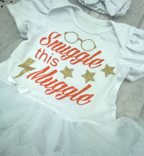 Load image into Gallery viewer, Harry Potter Baby Outfit, Snuggle This Muggle Baby Girl Tutu Romper With Matching Bow Headband